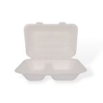 9" x 6" x 3" 2-Compartment Bagasse Clamshell